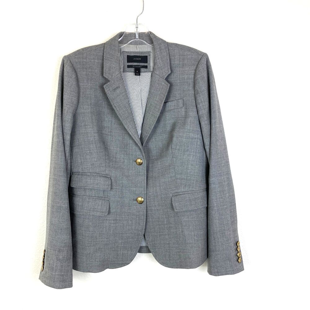 J.Crew Blazer Womens 6 Gray Schoolboy Wool Stretch Gold Button Jacket Business